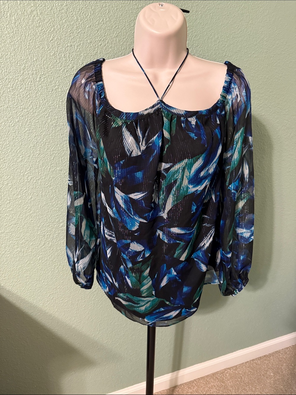 White House Black Market Blue, Green & Black Sheer Printed Blouse